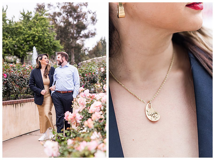 engaged couple in rose garden and Hebrew necklace
