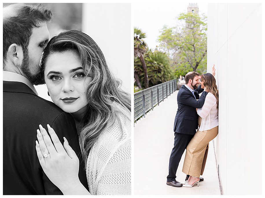 engaged couple leaning against wall and woman with head on fiance's shoulder