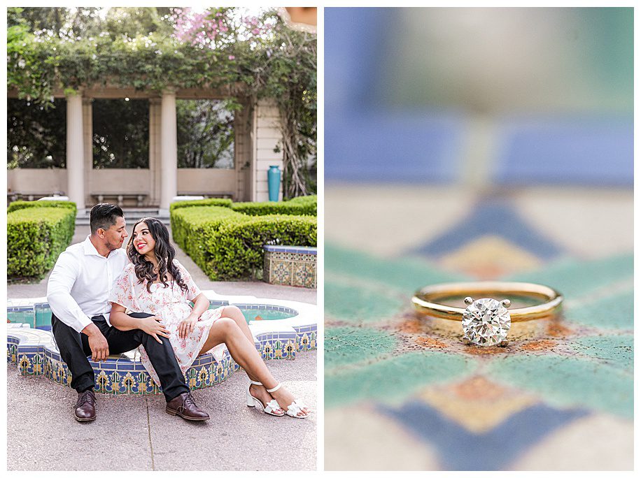 engaged couple sitting on fountain and ring on tile