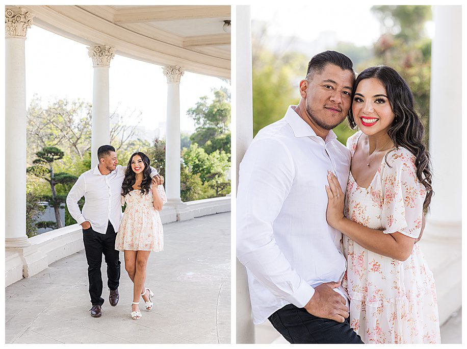 engaged couplewalking and hugging in Balboa Park Organ Pavilion