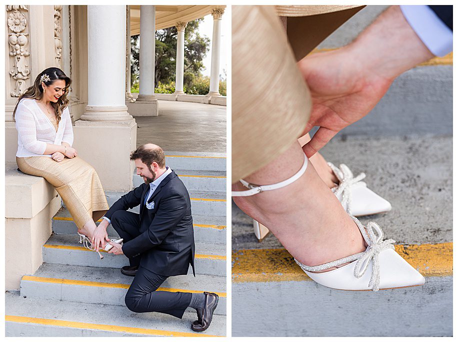 man putting shoes on his fiance at Balboa Park
