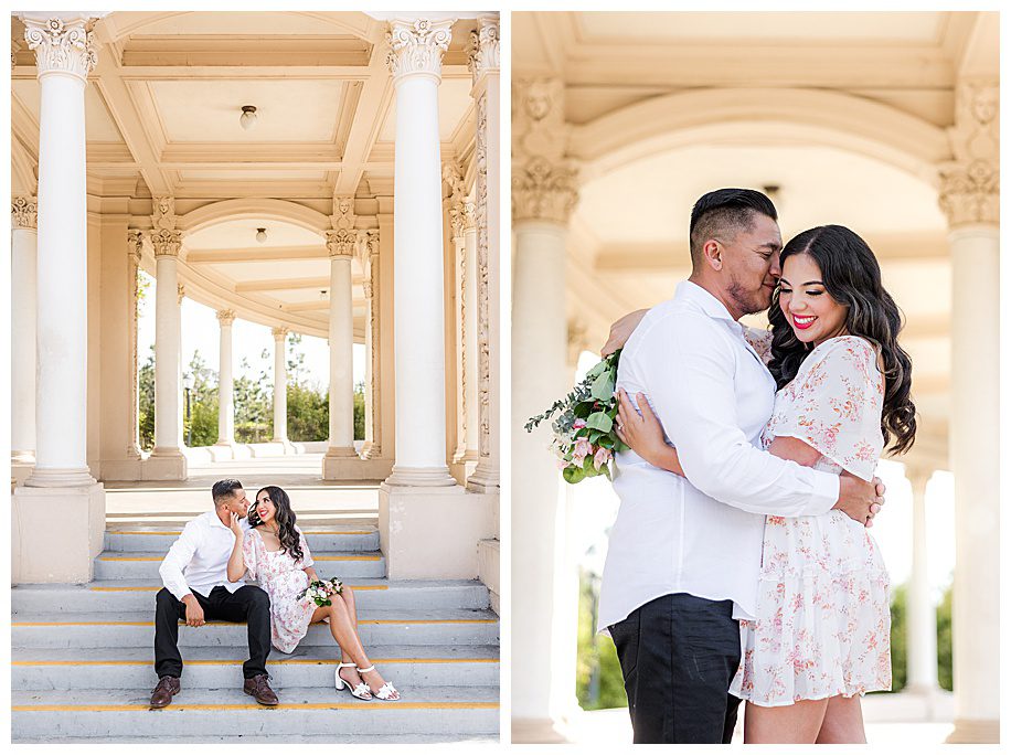 Engaged couple sitting and standing in Organ Pavilion at their San Diego Balboa Park Engagement Session