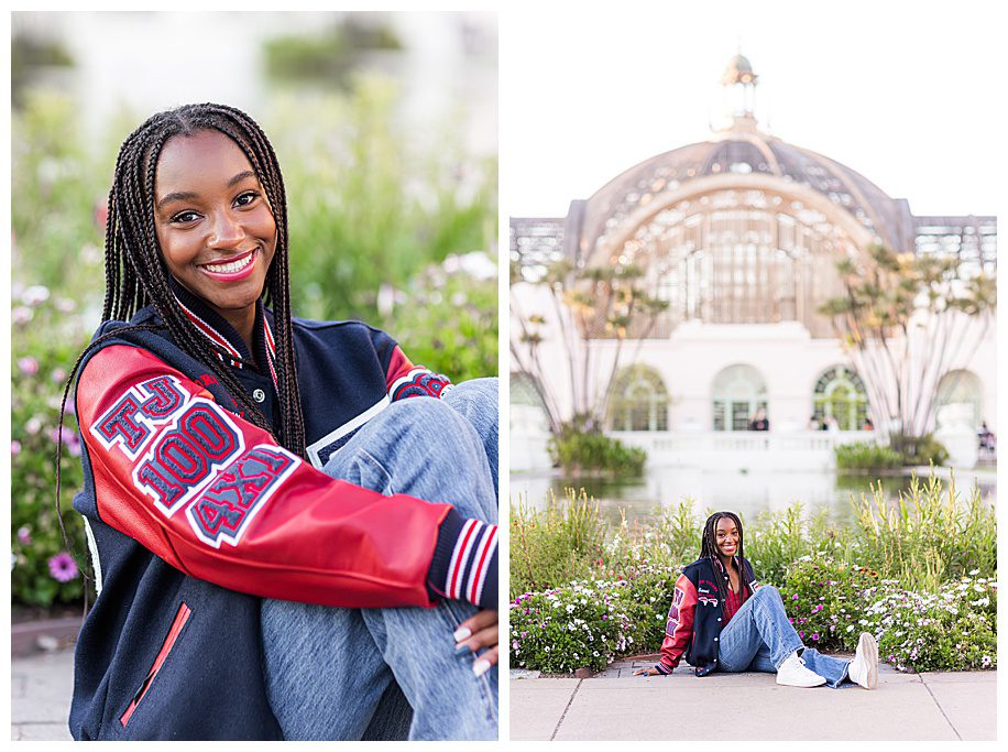 girl in front of botanical building at her Balboa Park Senior photo session