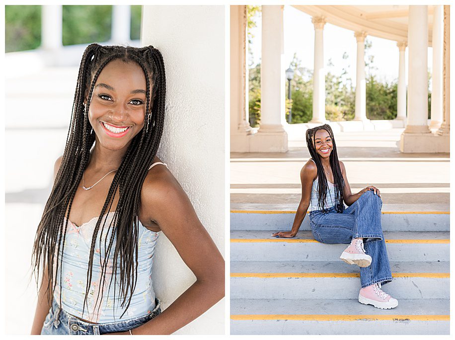 girl standing and sitting in the organ pavilion at her Balboa Park Senior photo session