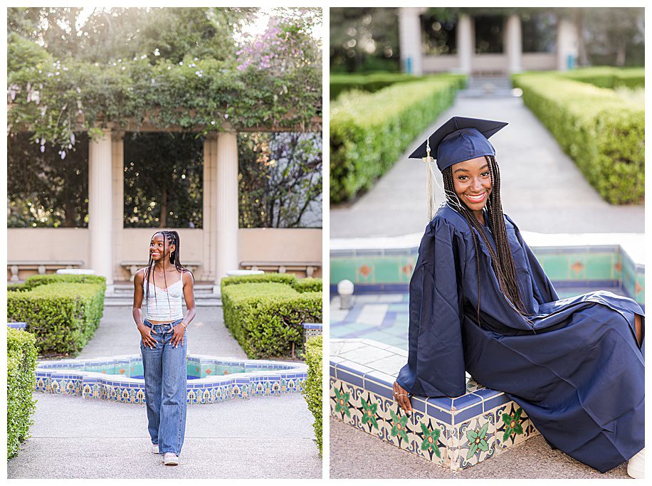 girl walking and sitting in garden at her Balboa Park Senior photo session