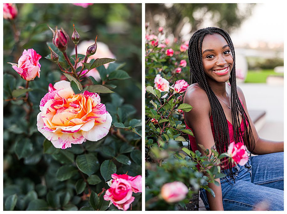Senior girl sitting in rose garden