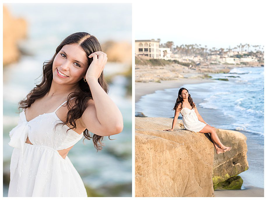 senior girl sitting on cliffs at Windnsea beach San Diego