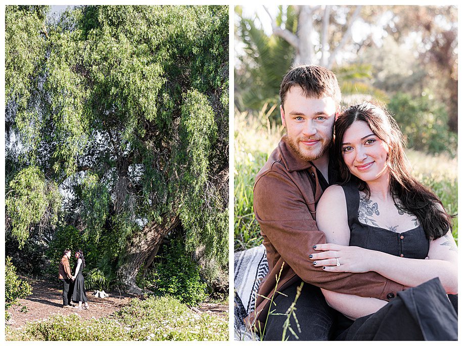 engaged couple under tree and hugging