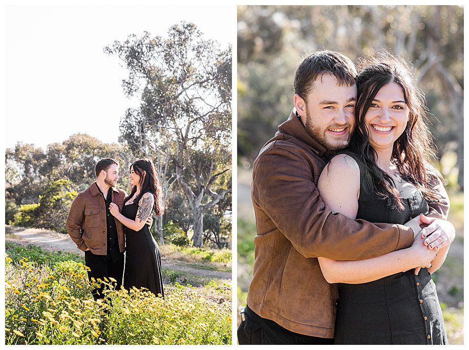 engaged couple standing in yellow daisies
