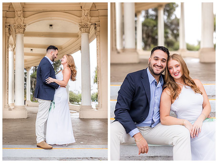 couple sitting and standing at the organ pavilion balboa park