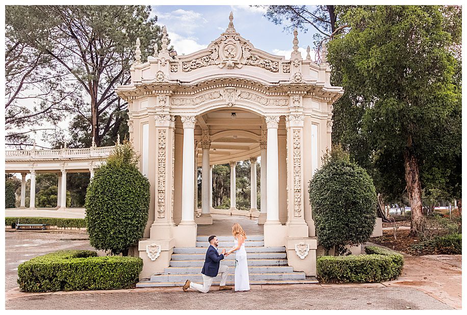 man on one knee at his balboa park san diego proposal