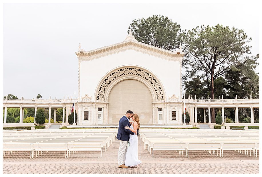 couple at organ pavilion at balboa park san diego proposal
