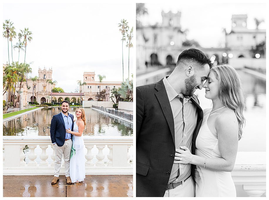 engaged couple hugging in front of reflection pool
