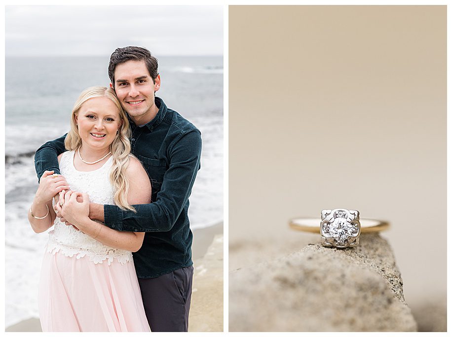 couple hugging and engagement ring at a La Jolla Cliffs Engagement Session