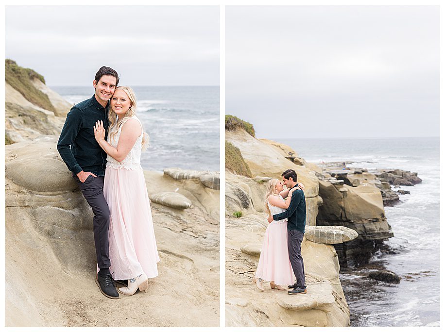 couple hugging on cliffs at their La Jolla Cliffs Engagement Session