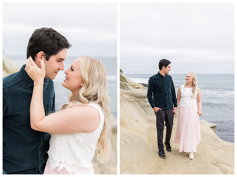 couple hugging and walking at their La Jolla Cliffs Engagement Session
