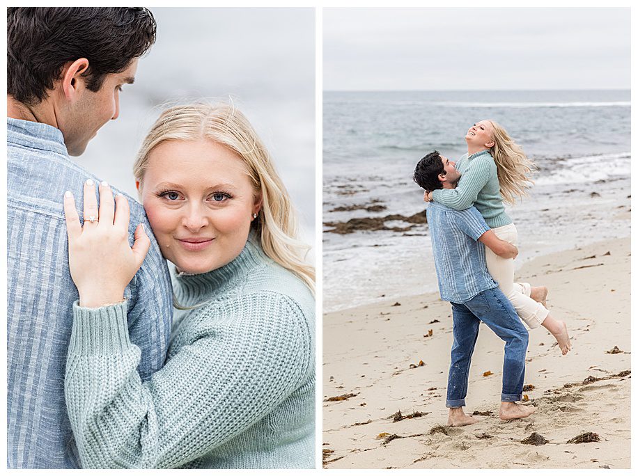 man lifting woman on beach at their San Diego Engagement Session