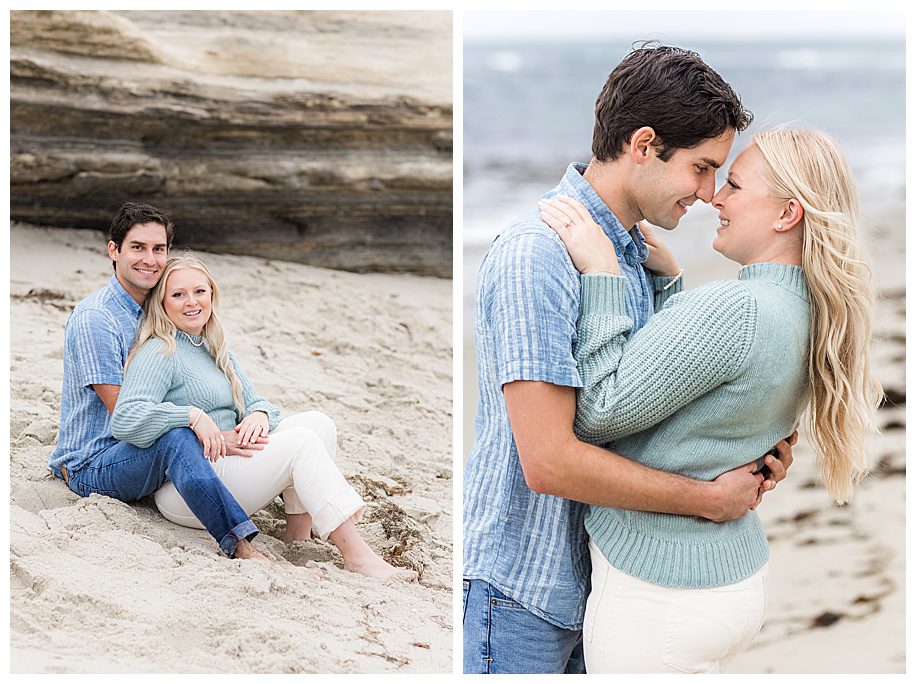 couple sitting and hugging on beach at their La Jolla Engagement Session
