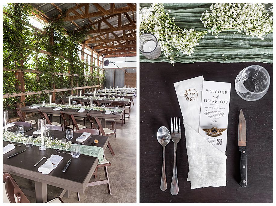 WestWynd Ranch Wedding barn reception and airline themed table setting