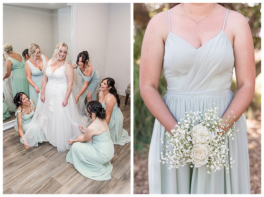 WestWynd Ranch Wedding bride and bridesmaids in mint dresses getting ready