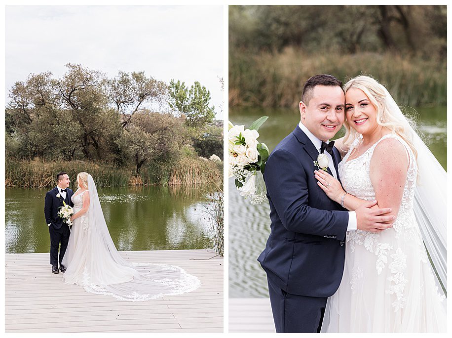 WestWynd Ranch Wedding bride and groom on deck by pond
