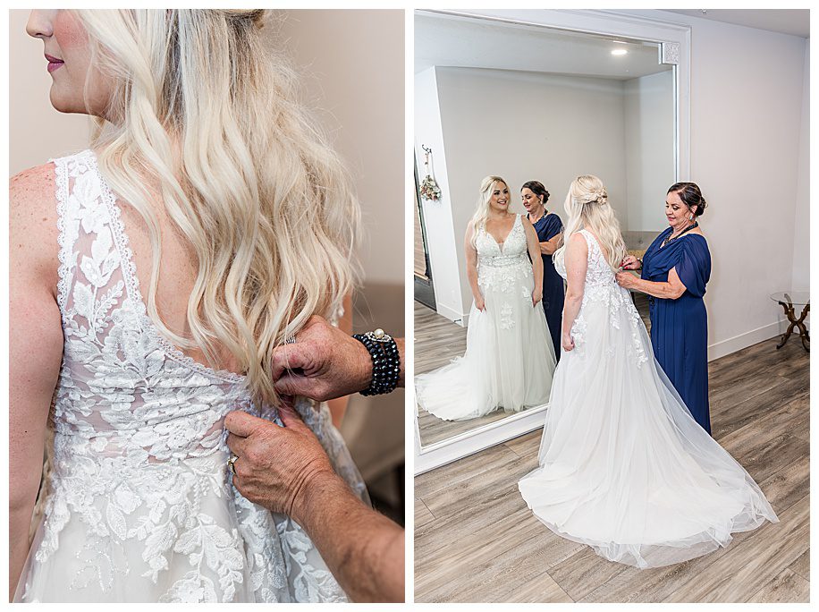 mother helping bride dress at her WestWynd Ranch Wedding