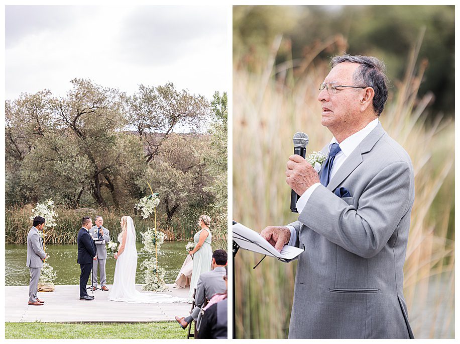 bride and groom at ceremony with father as the officiant at WestWynd Ranch Wedding
