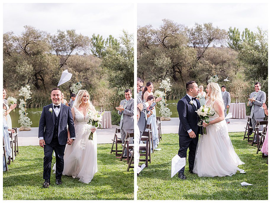 bride and groom walking down aisle with paper airplanes in air at thier WestWynd Ranch Wedding