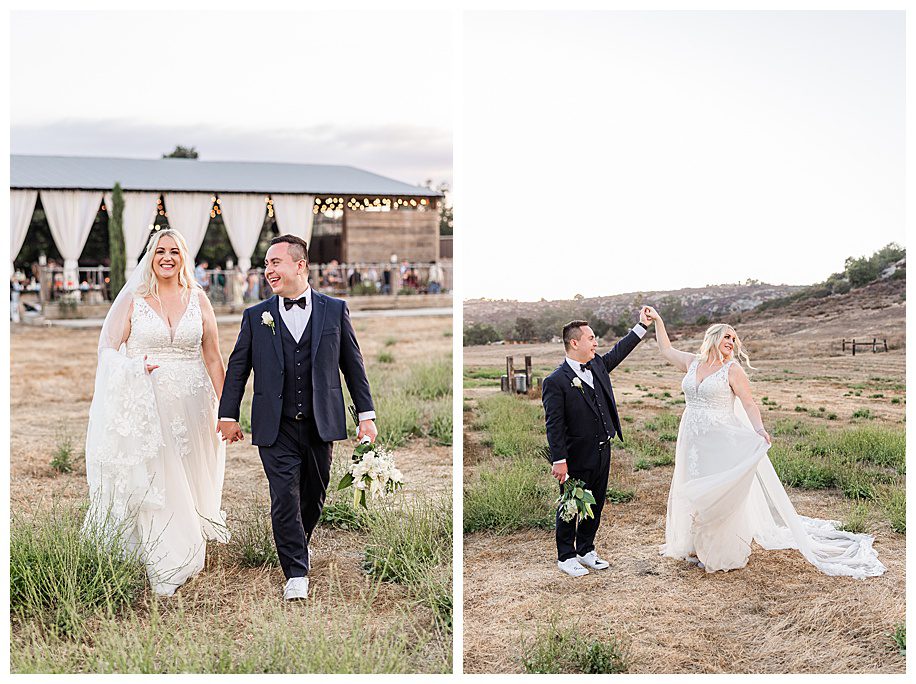 bride and groom walking in front of barn recpetion at their WestWynd Ranch Wedding