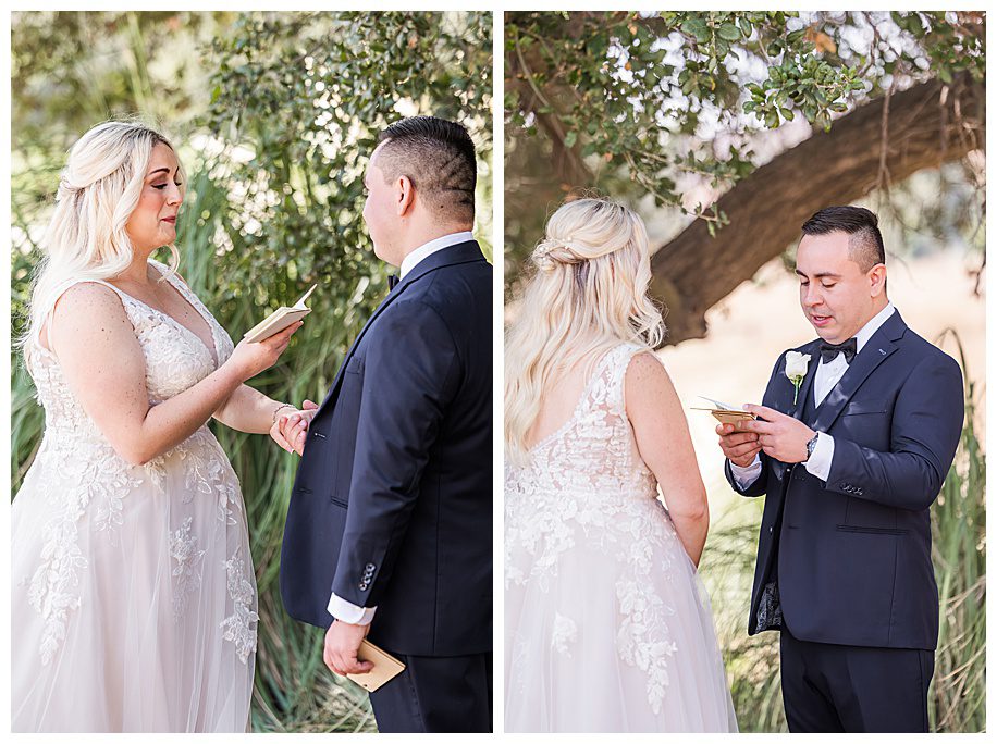 bride and groom reading their vows to each other during first look