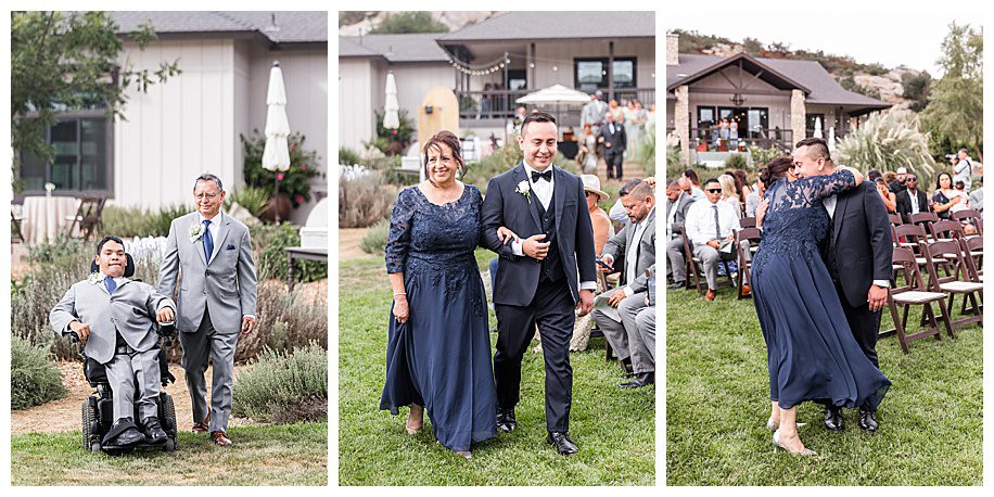 groom and parents walking down aisle at their WestWynd Ranch Wedding
