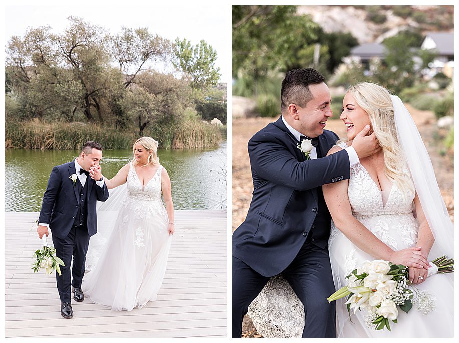 bride and groom walking and sitting on a rock