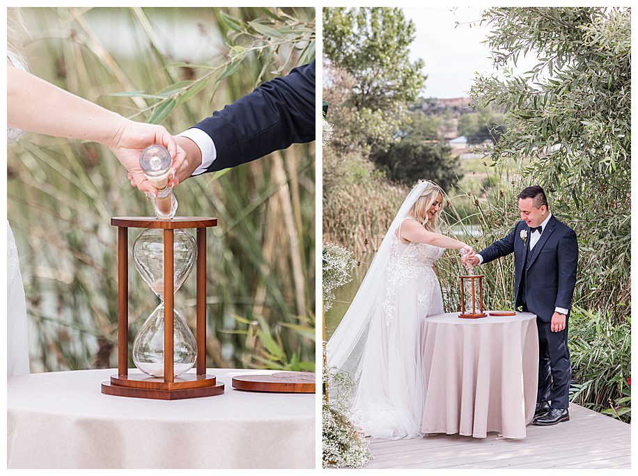 bride and groom doing sand ceremony at thier WestWynd Ranch Wedding