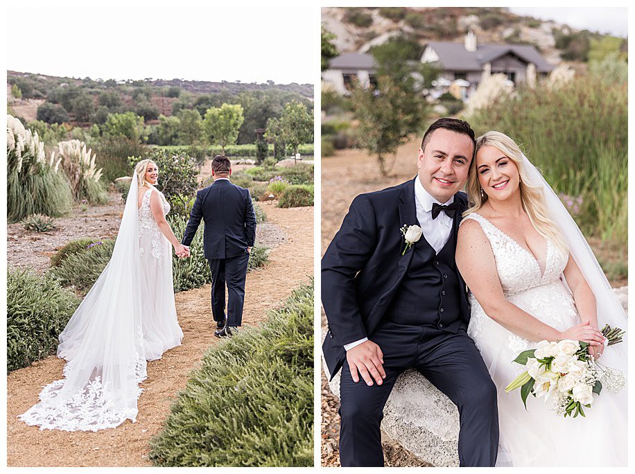 bride and groom walking and sitting at their WestWynd Ranch Wedding