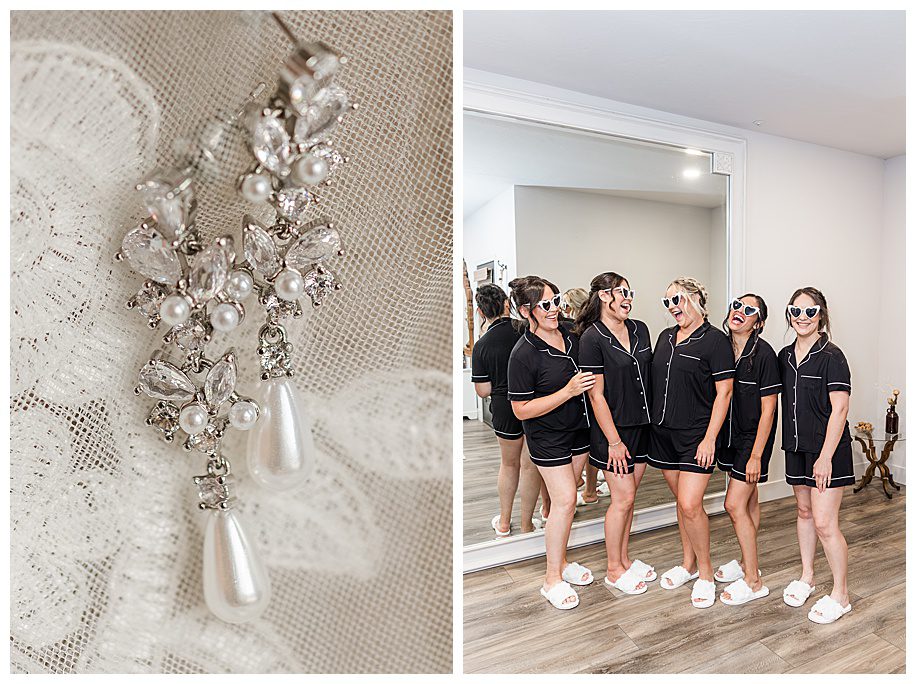 diamond bridal earrings and bridesmaids in black robes