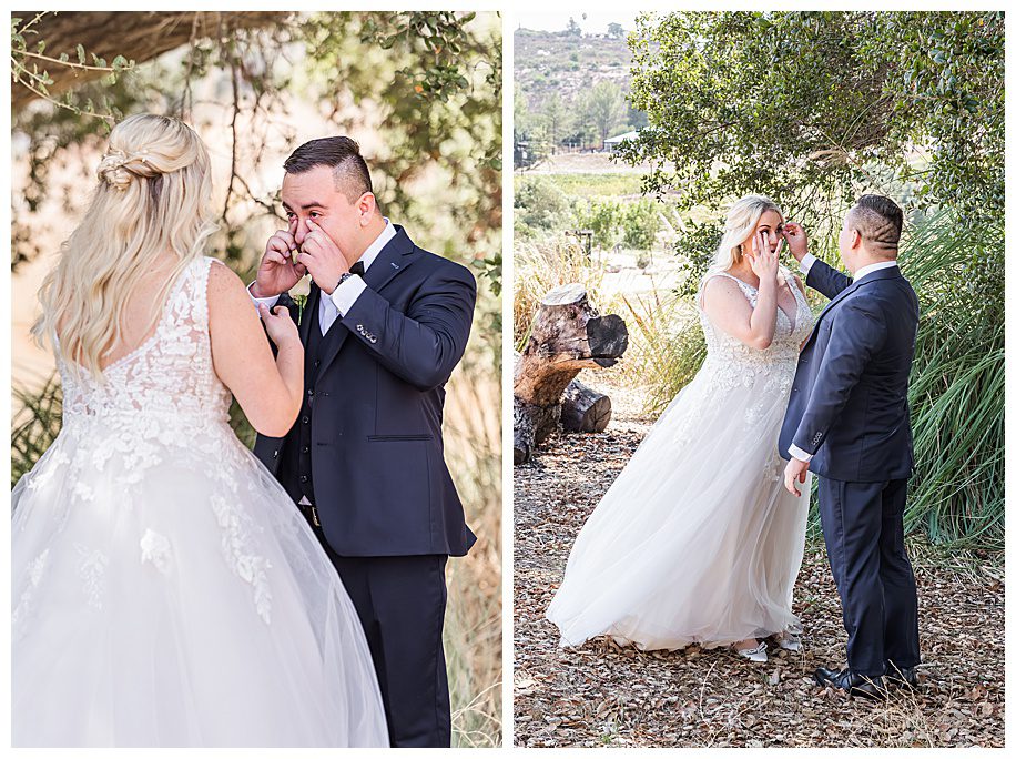 bride and groom crying during first look