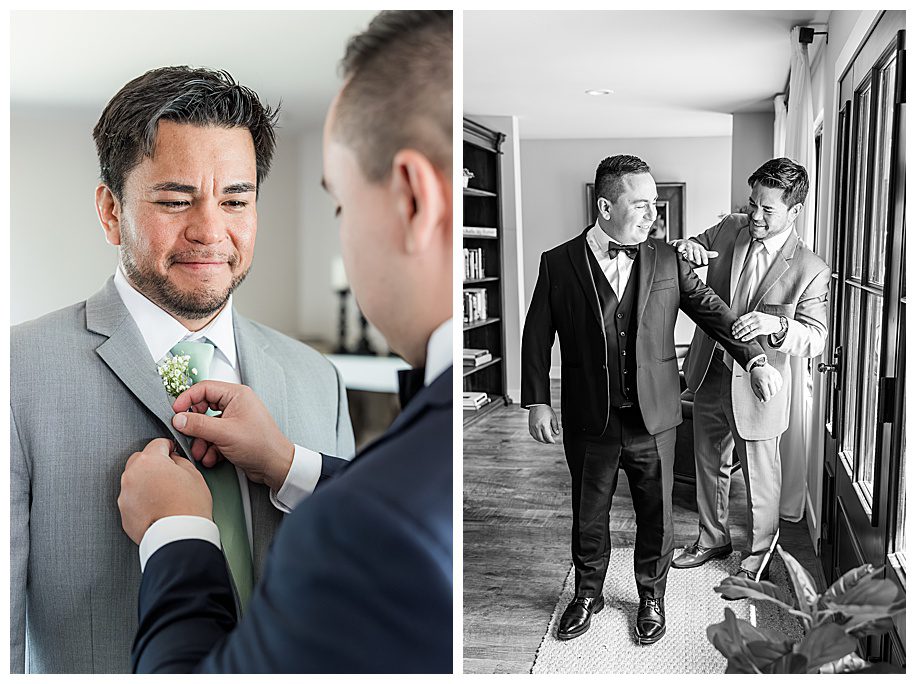 best man and groom getting dressed