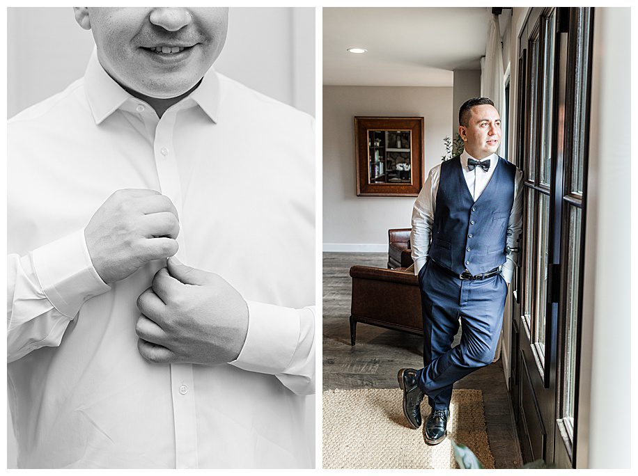 groom getting dressed and then leaning against a window