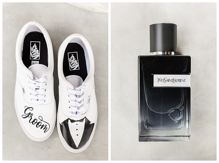 groom's sneakers and cologne