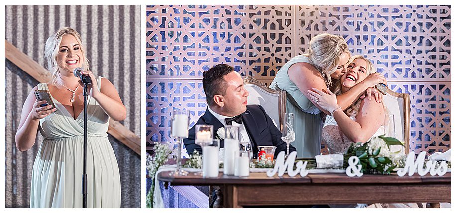 maid of honor toasting couple and hugging groom