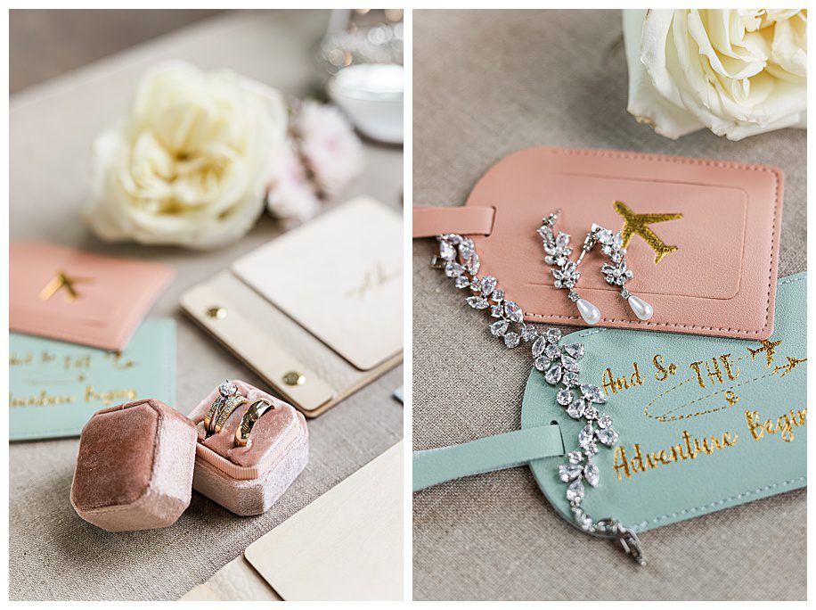 travel themed flatlay and diamond jewelry