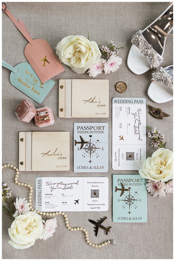 travel themed wedding flatlay