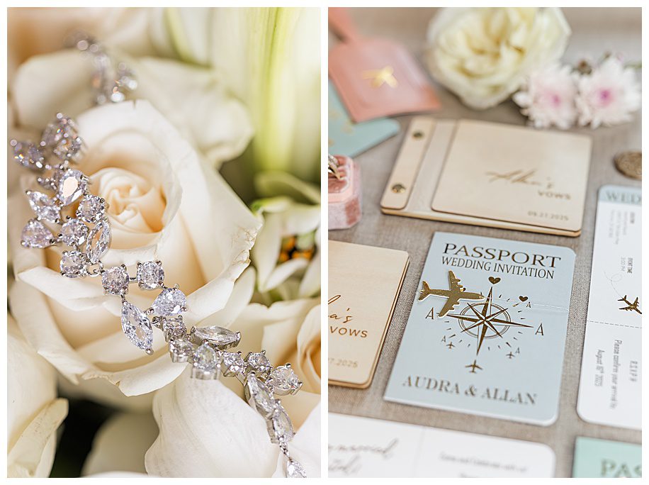 travel themed wedding flatlay and diamond bracelet