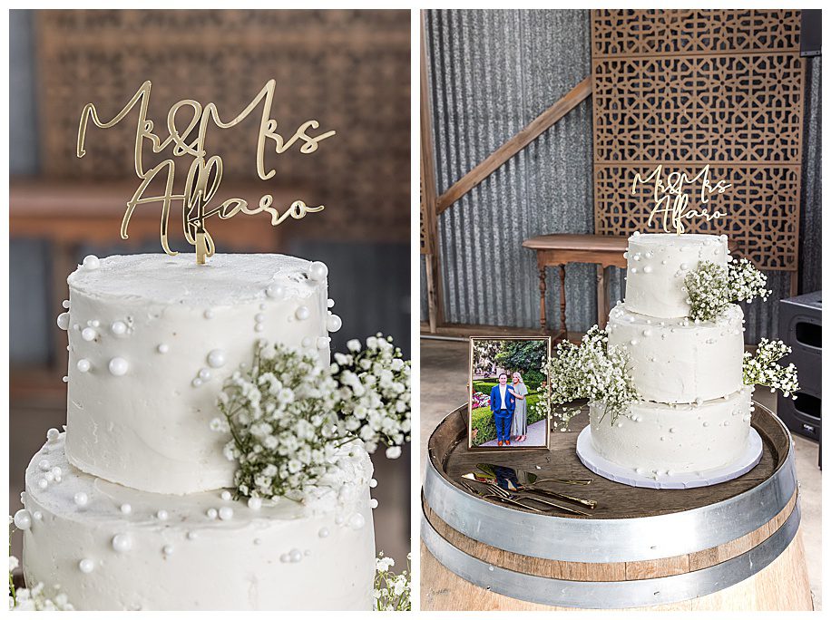 white wedding cake with pearls