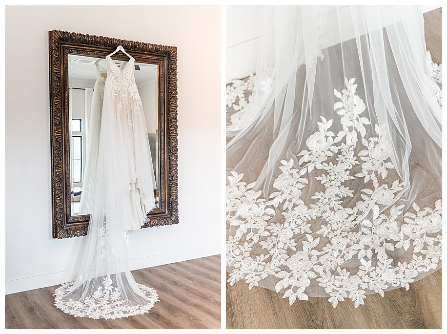 wedding dress and veil hanging on mirror