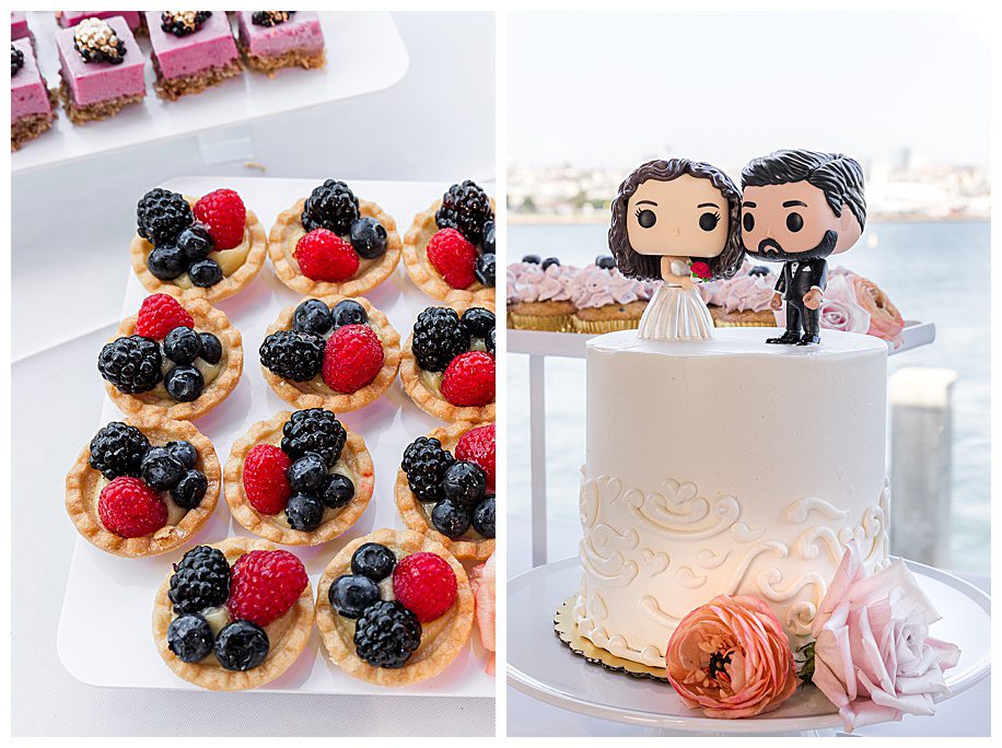 fruit tarts and wedding cake at a Coasterra Wedding reception