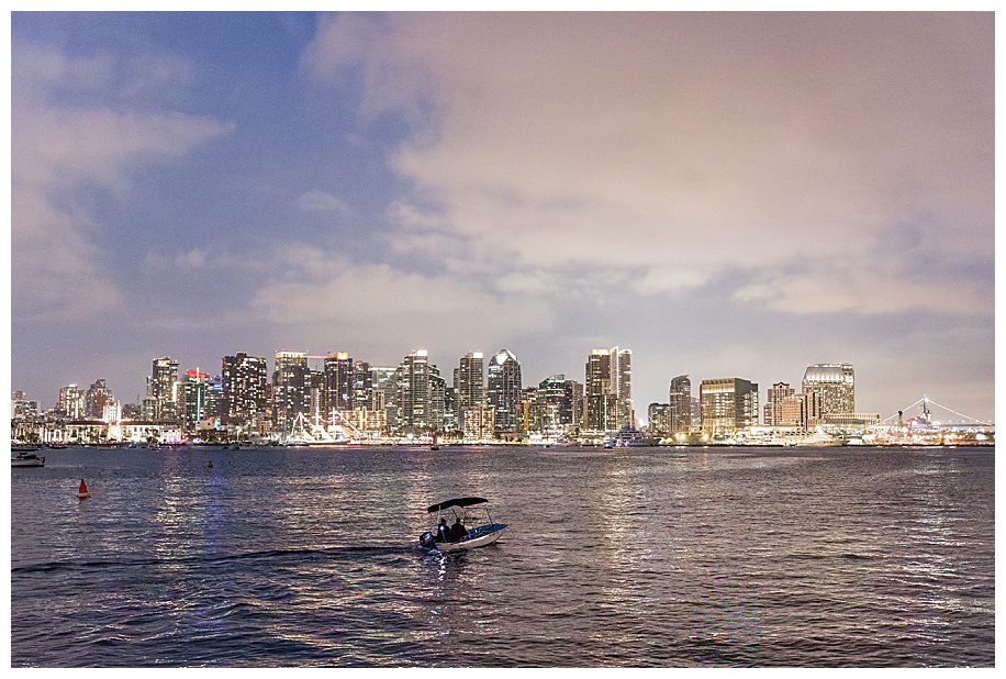 San Diego skyline at night from a Coasterra Wedding Reception 