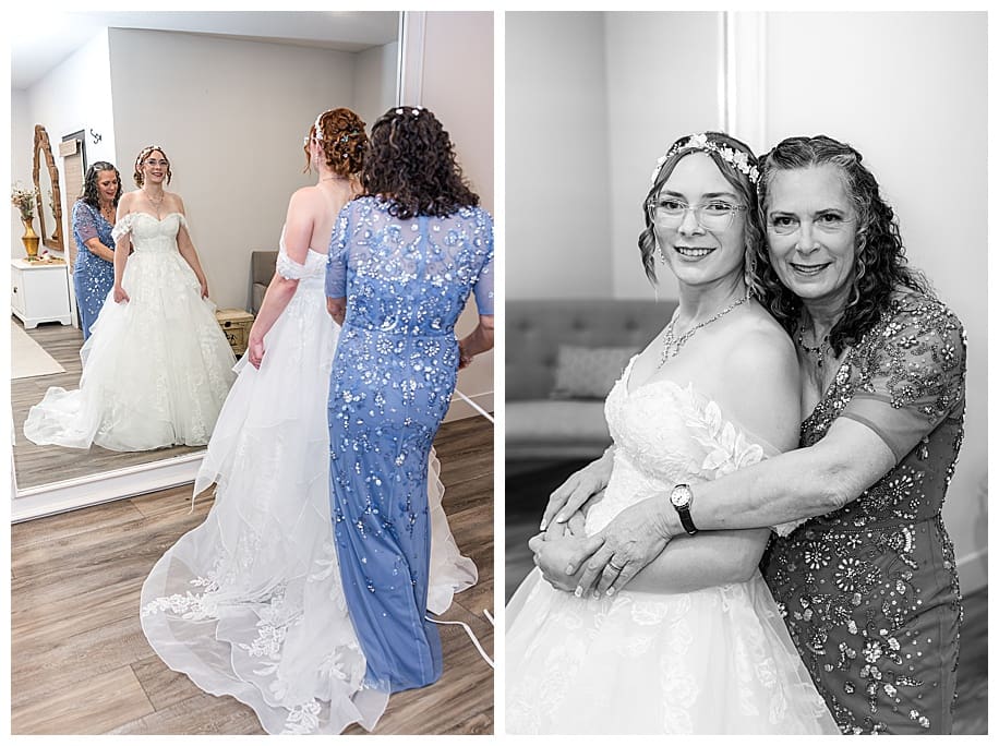 mother hugging bride and helping her get ready
