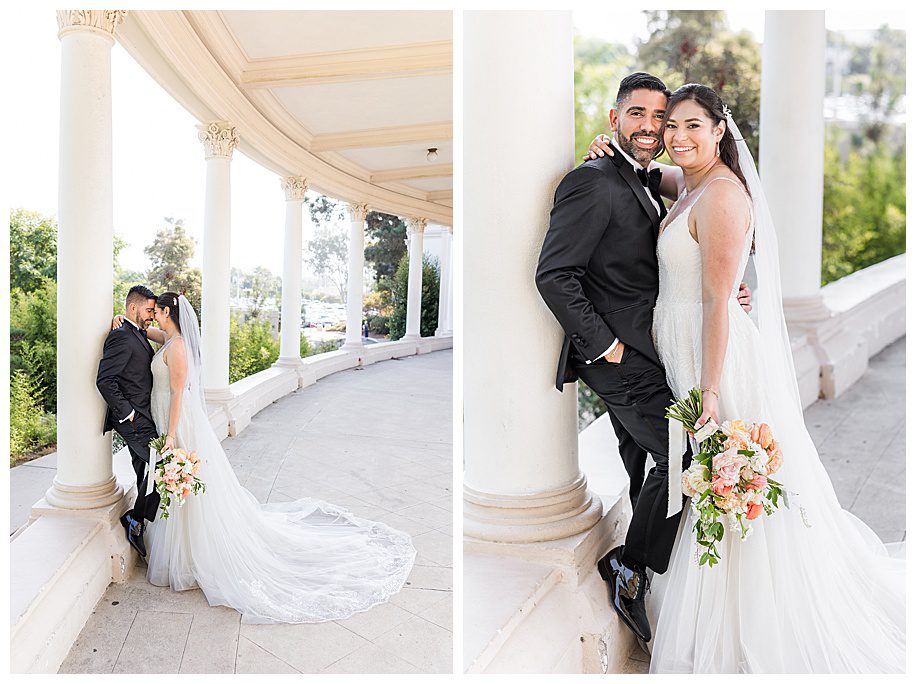 bride and groom leaning against a pillar at Balboa Park's organ pavilion