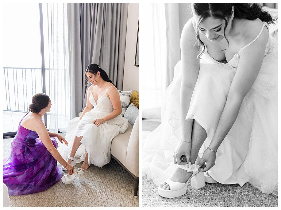 mother helping bride put on her shoes